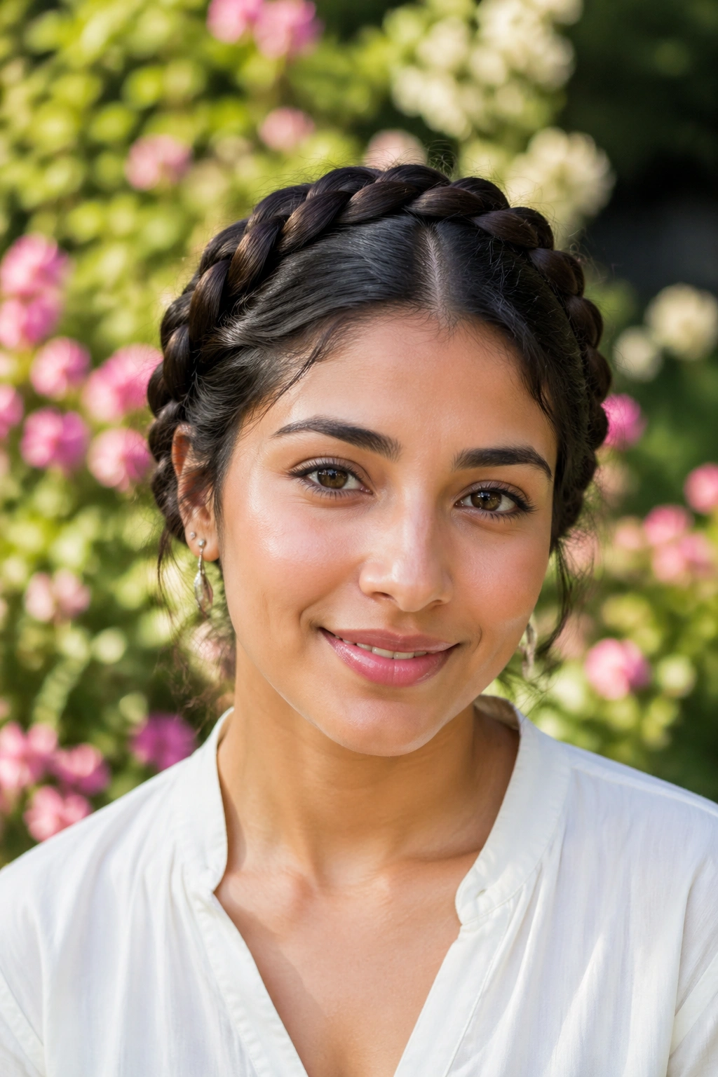 Front-facing portrait of a real person wearing milkmaid braids around the crown