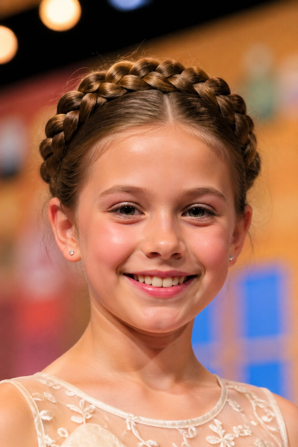 Close-up portrait of a girl with milkmaid braids forming a crown