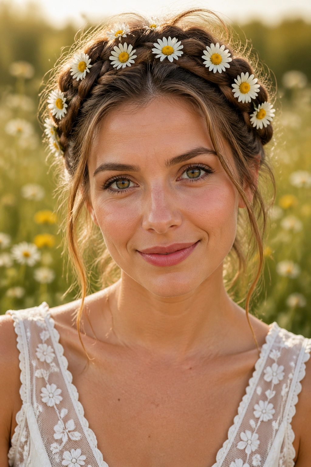 Portrait of a real woman wearing two milkmaid braids across the head with daisies tucked along the braids.