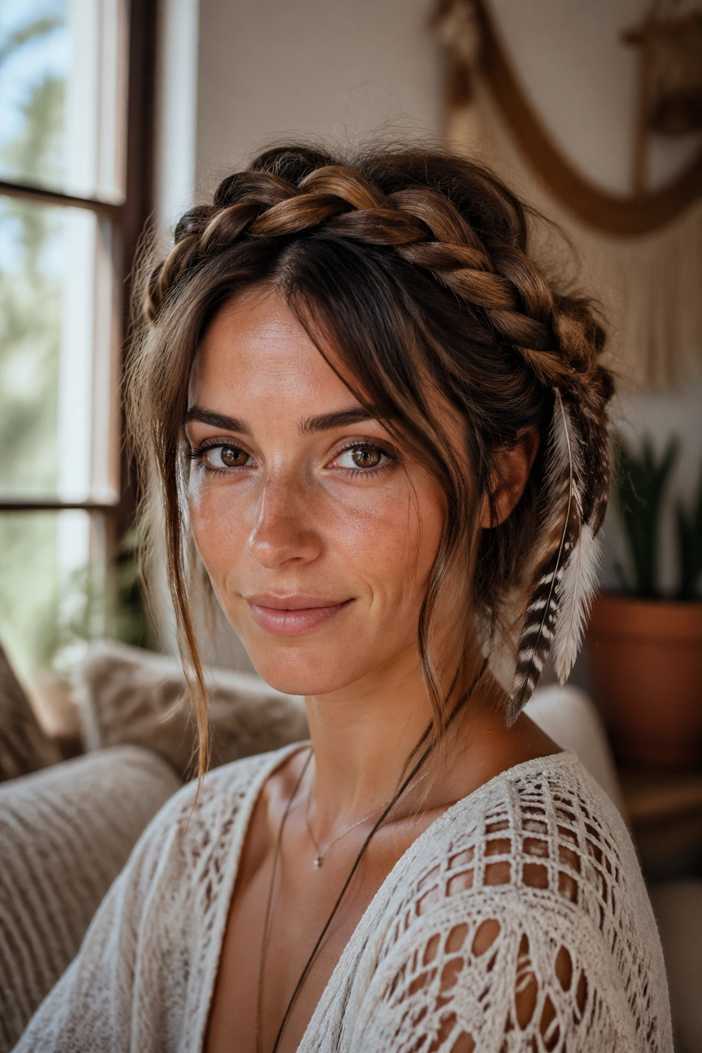 Close-up of a real woman with two milkmaid feather braids across the crown and a feather near the ear