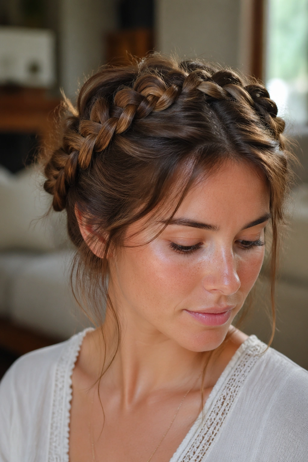 Close-up of a real woman wearing two messy milkmaid braids over the crown with loose strands.
