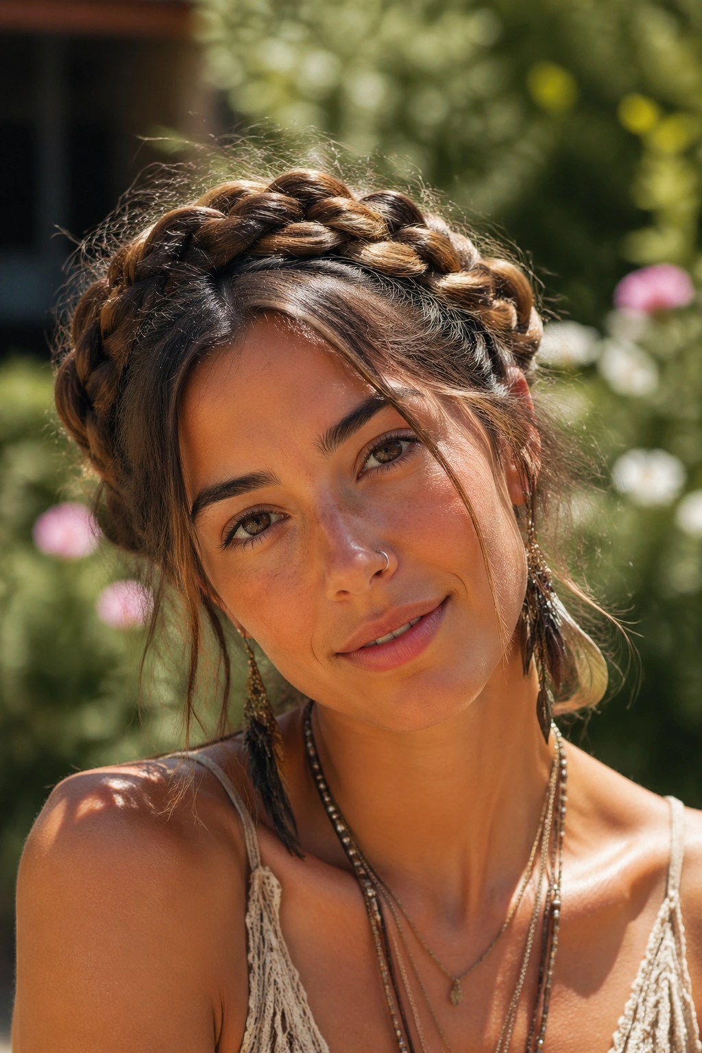 Close-up of a real woman's crown with two messy milkmaid braids crossing the head outdoors