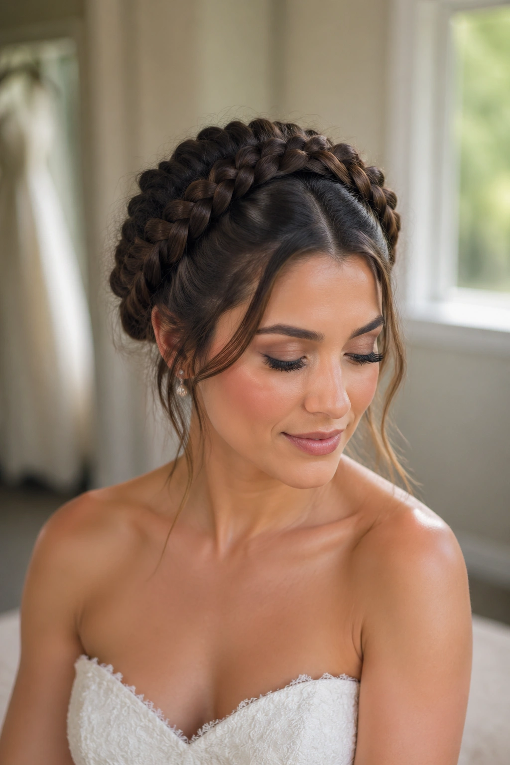Close-up of a real bride wearing milkmaid braids across the crown in a modern finish