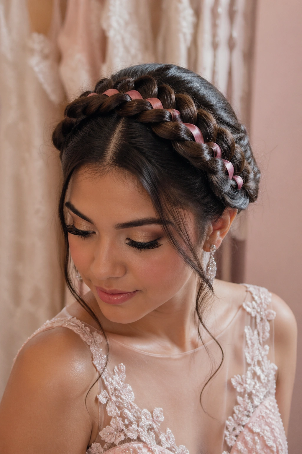 Close-up of Milkmaid Braids with Ribbon on real woman in romantic dressing room
