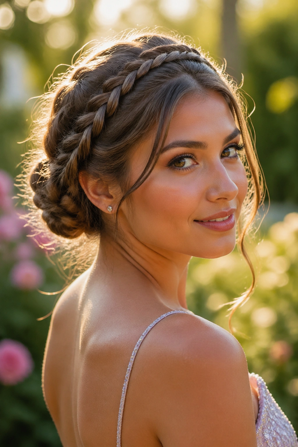 Portrait of a woman with milkmaid braids framing her head in a romantic style