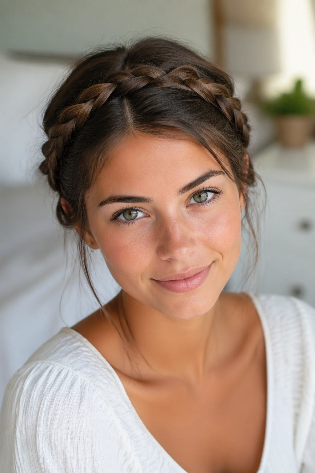 Close-up portrait of a real person wearing milkmaid braids crossed over the crown in a cozy bedroom
