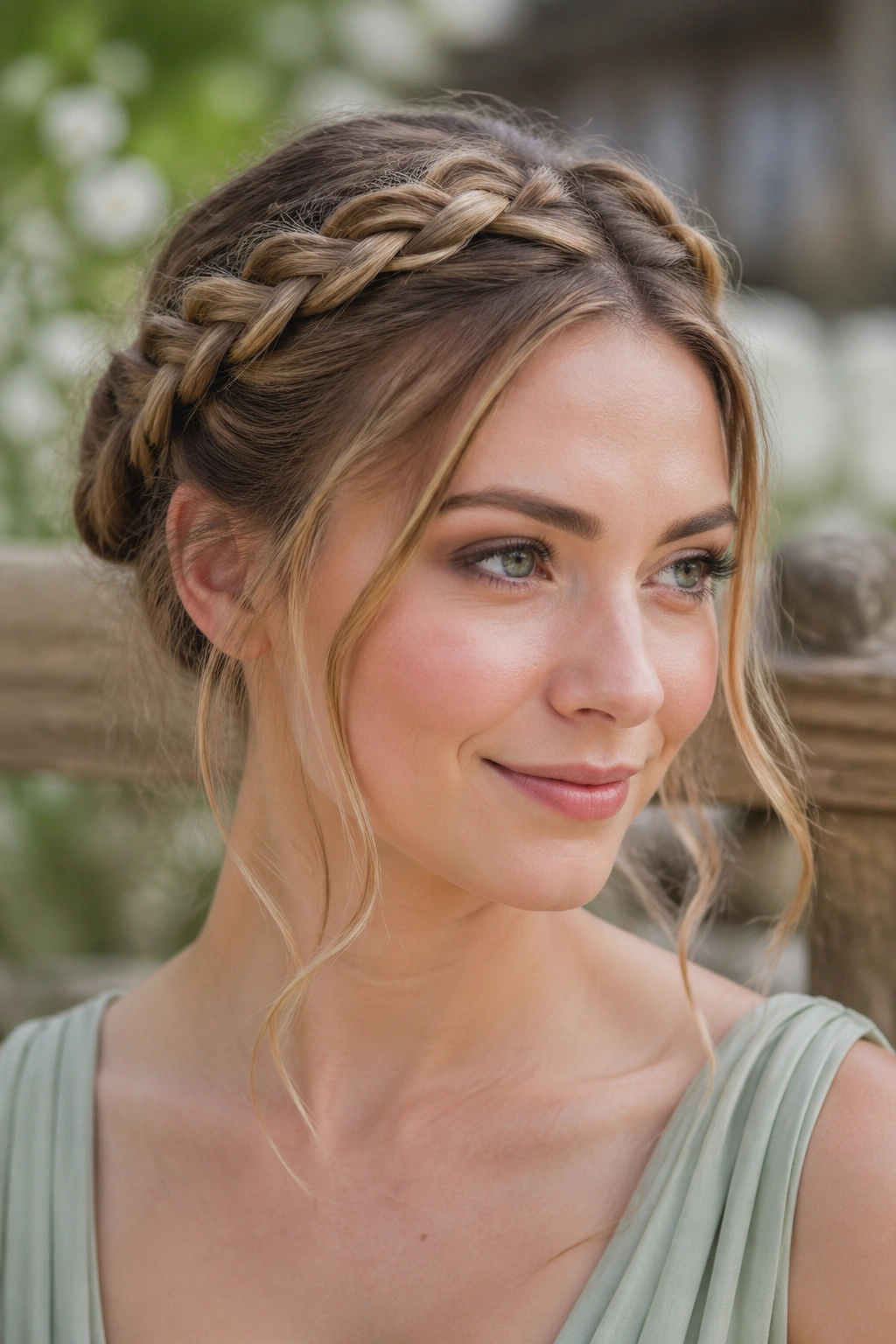 Close-up portrait of a woman wearing milkmaid braids with loose tendrils at the temples.