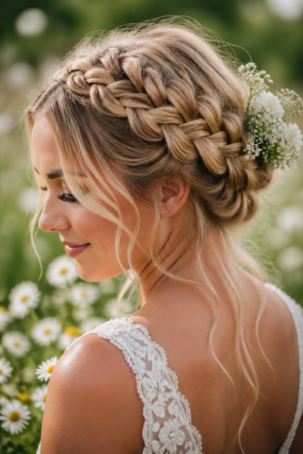 Close-up of two soft milkmaid braids with tendrils framing the face in an outdoor setting.