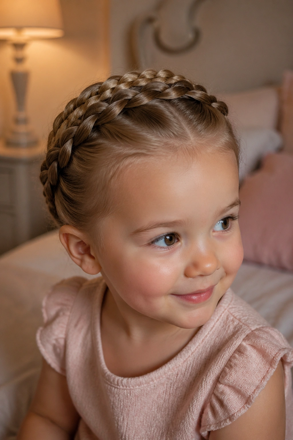 Toddler wearing milkmaid braids that cross over the crown, close-up.