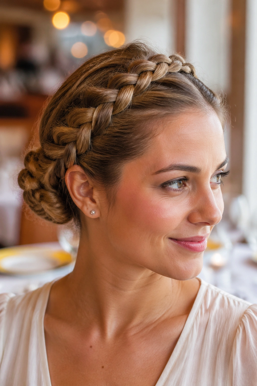 Close-up of a real person with crown milkmaid braids wrapped into a bun at the back