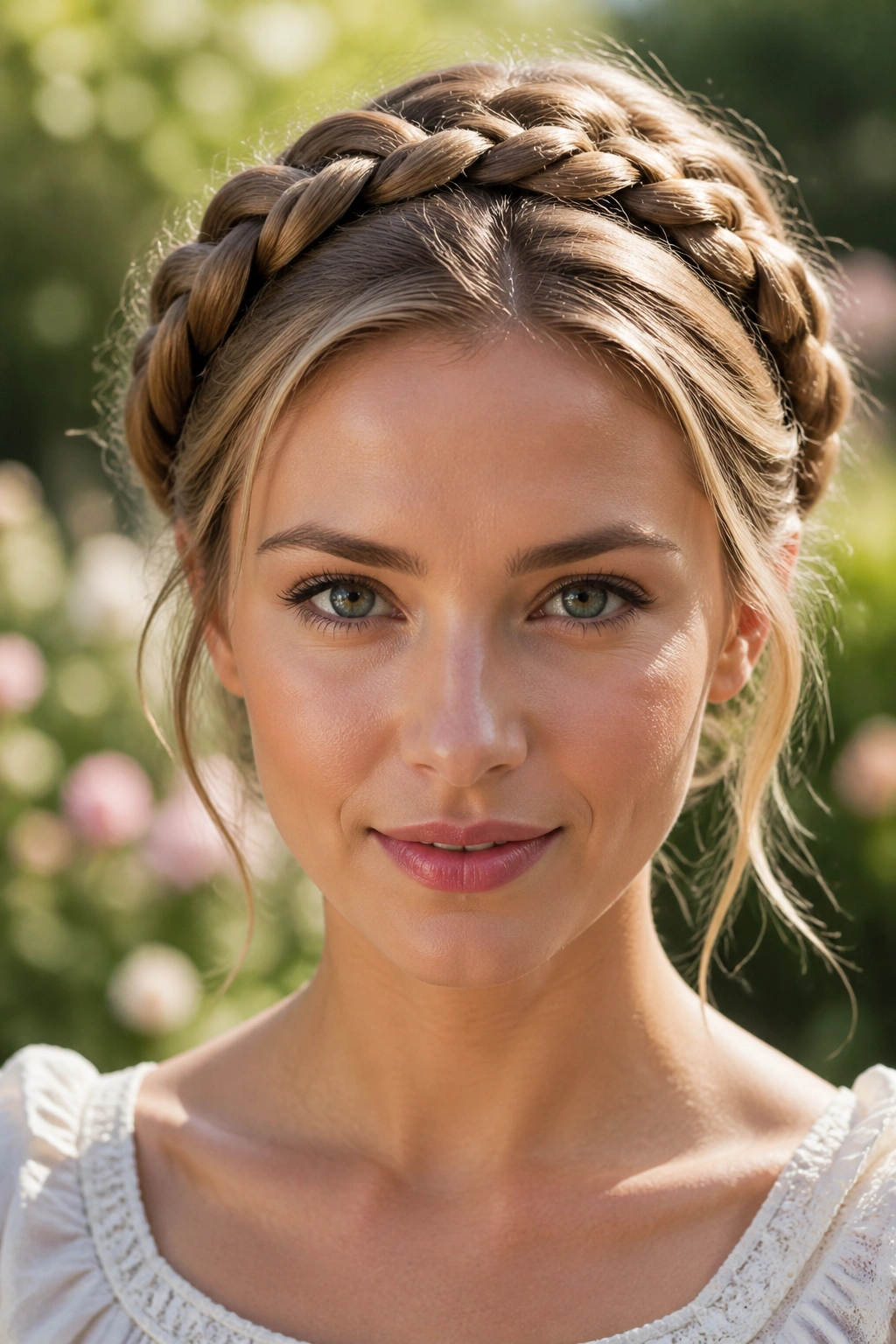 Front portrait of a real woman with two milkmaid crown braids crossing over the crown