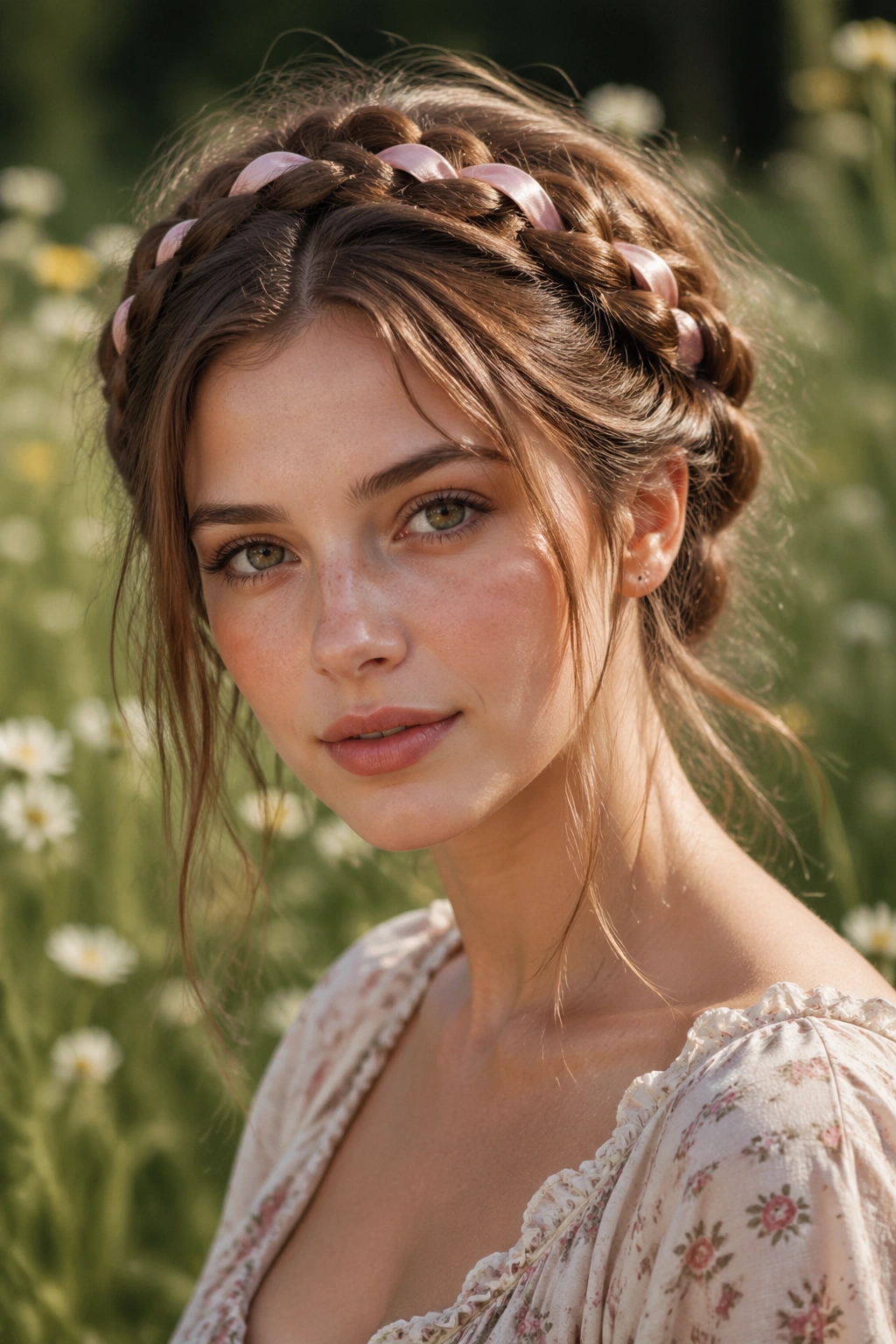 Close-up of a real woman wearing a milkmaid ribbon crown in a sunny meadow.