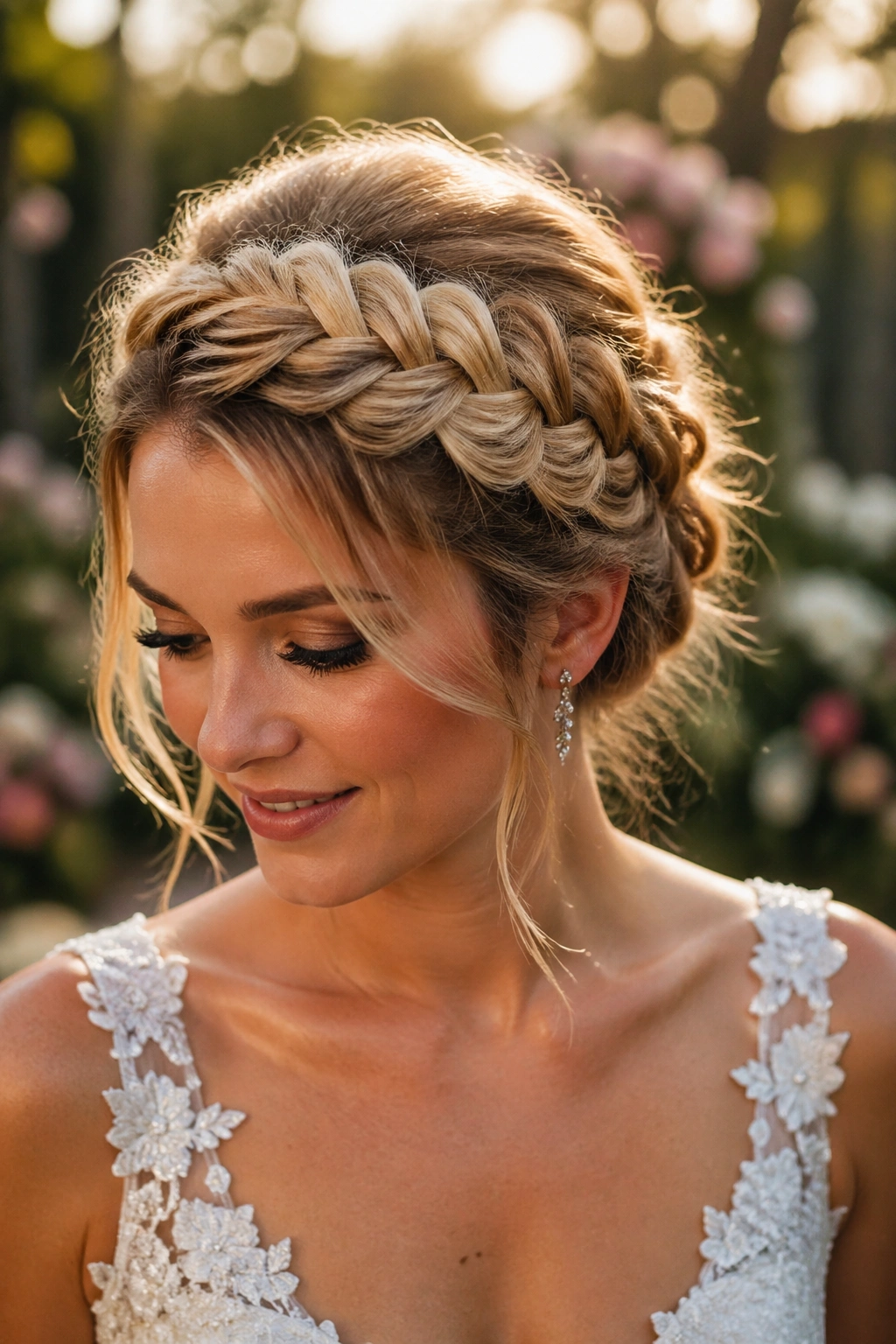 Close-up of a real bride wearing a fishtail milkmaid braid with loose crown volume