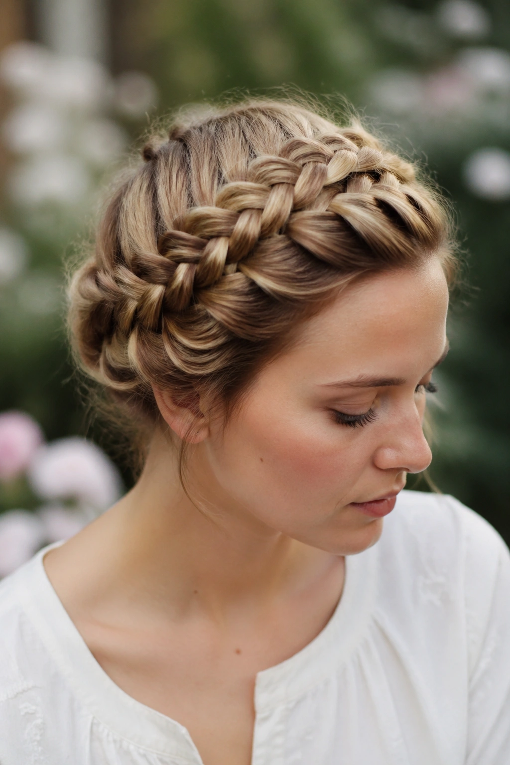 Close-up of a real woman with two milkmaid-style French braids forming a wrap across the crown.