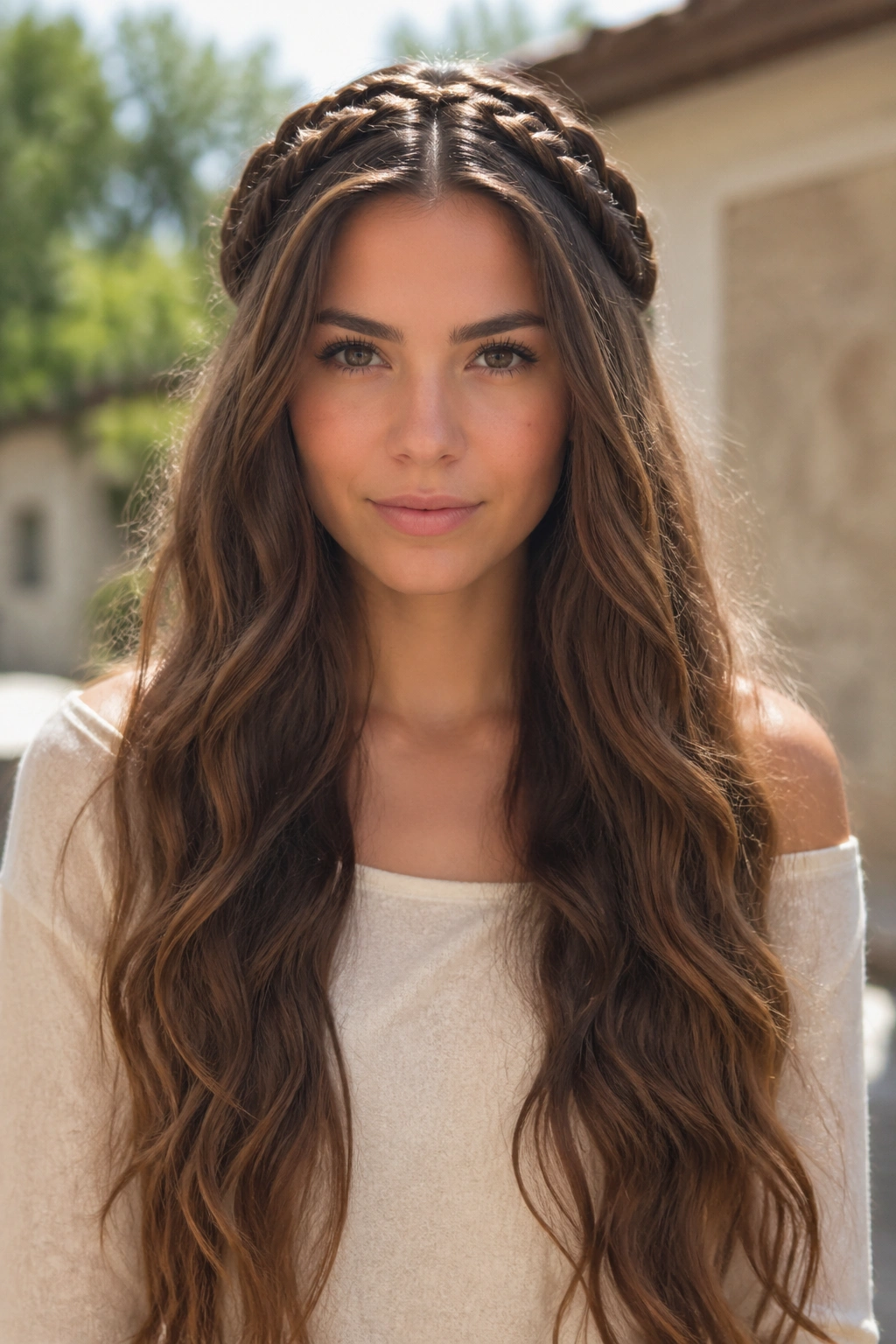 Front view of a real woman with two milkmaid pancake braids across the crown