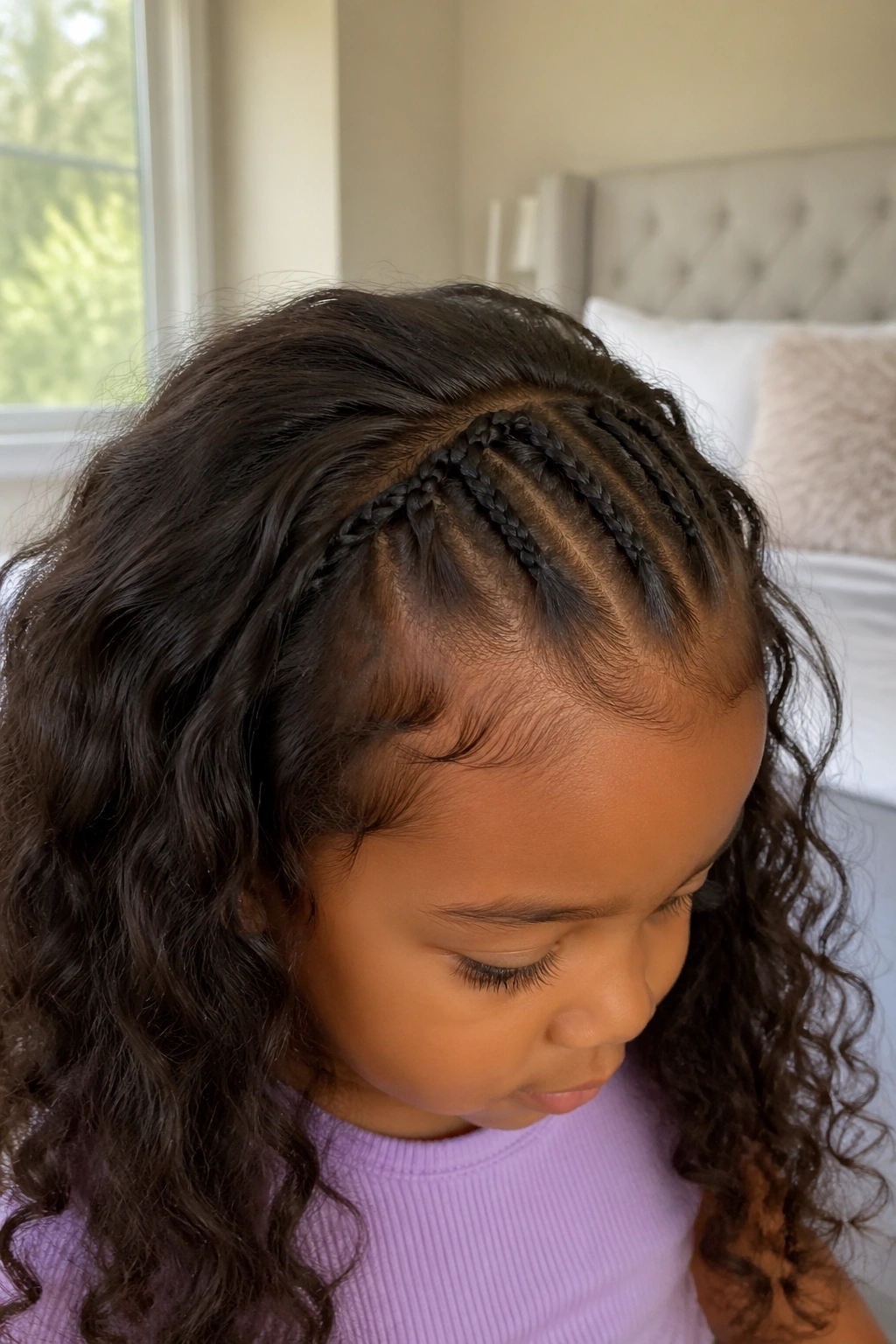 Close-up of toddler with mini accent braids at the hairline and loose hair