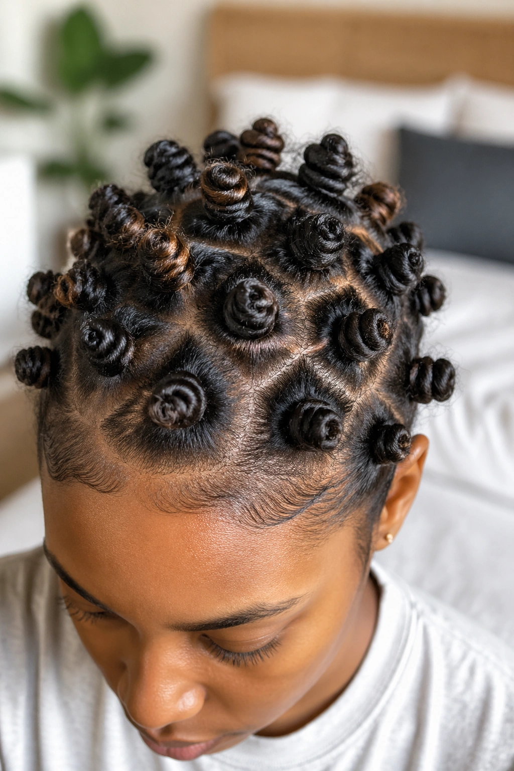 Close-up of many tiny Bantu knots on a real person's scalp