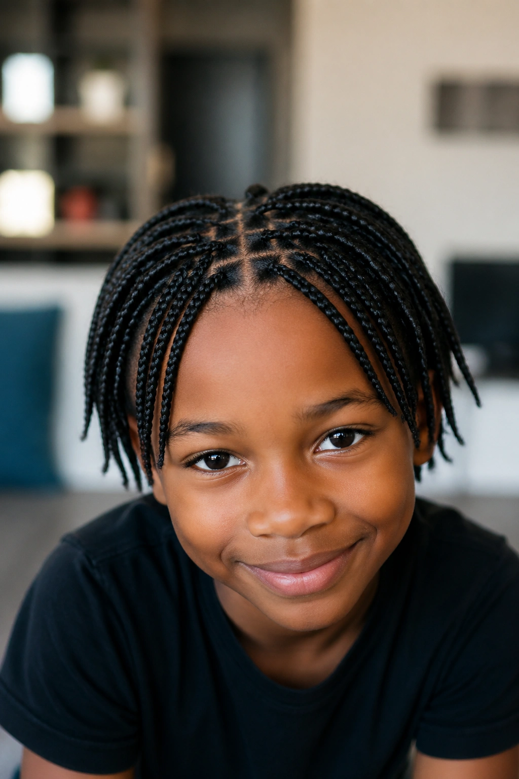Close-up of a real child with numerous tiny box braids on the head