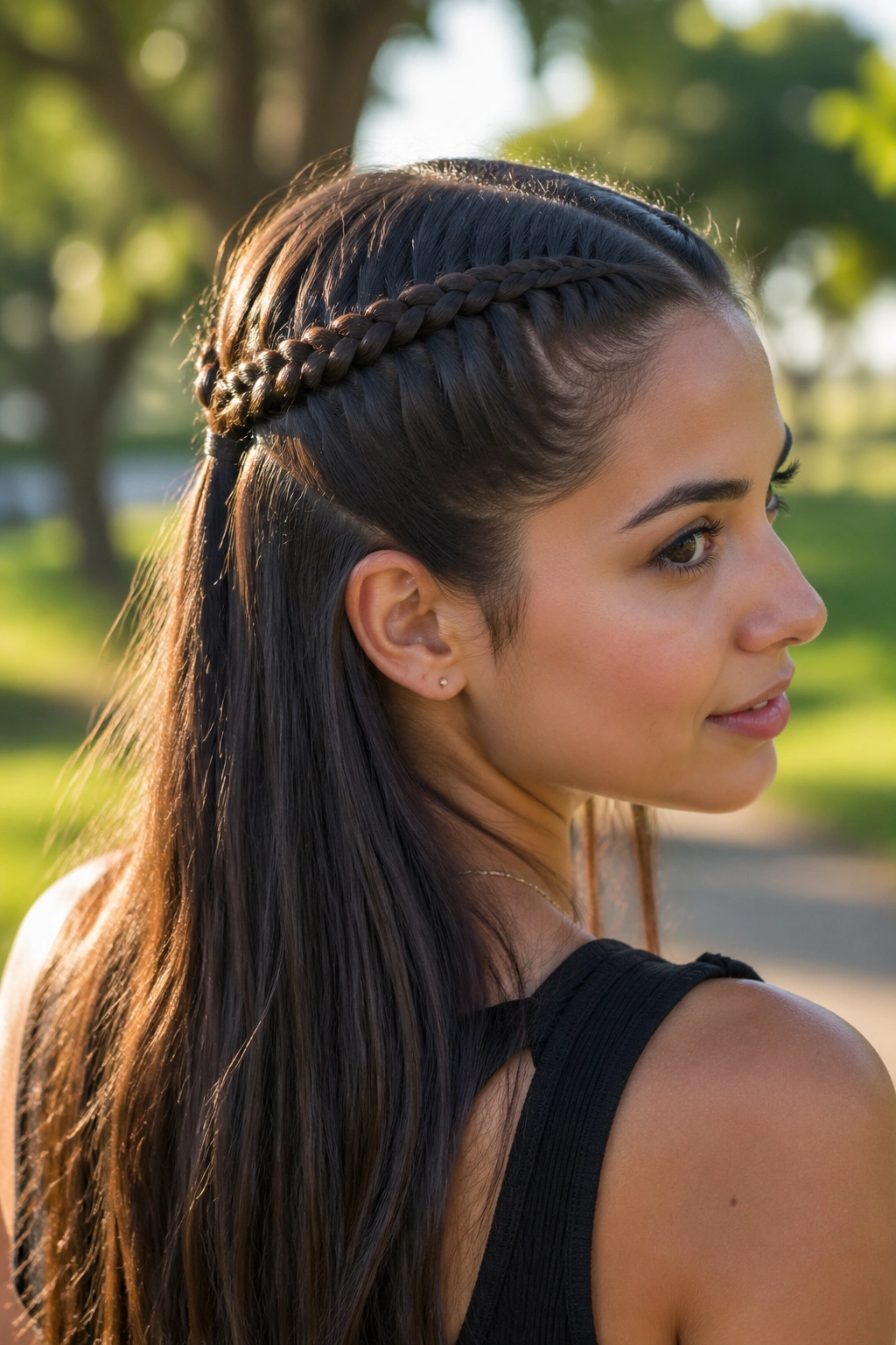 Close-up portrait of a real woman with two mini boxer braids meeting at the back