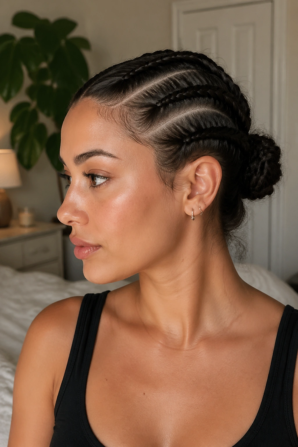 Close-up of short hair styled with mini braids forming a bun on a real person