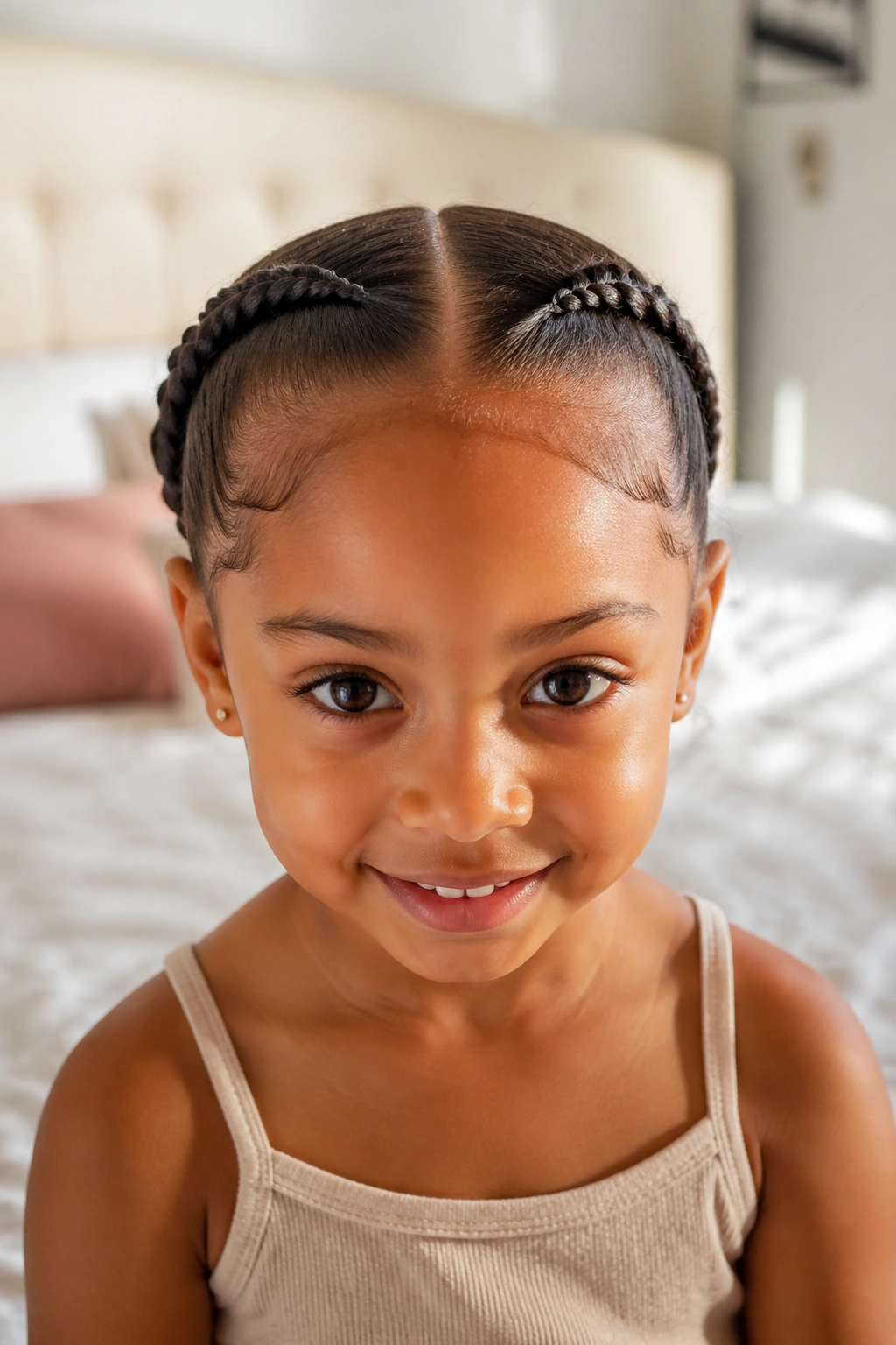 Close-up of a real person with mini center-part twin braids along the hairline