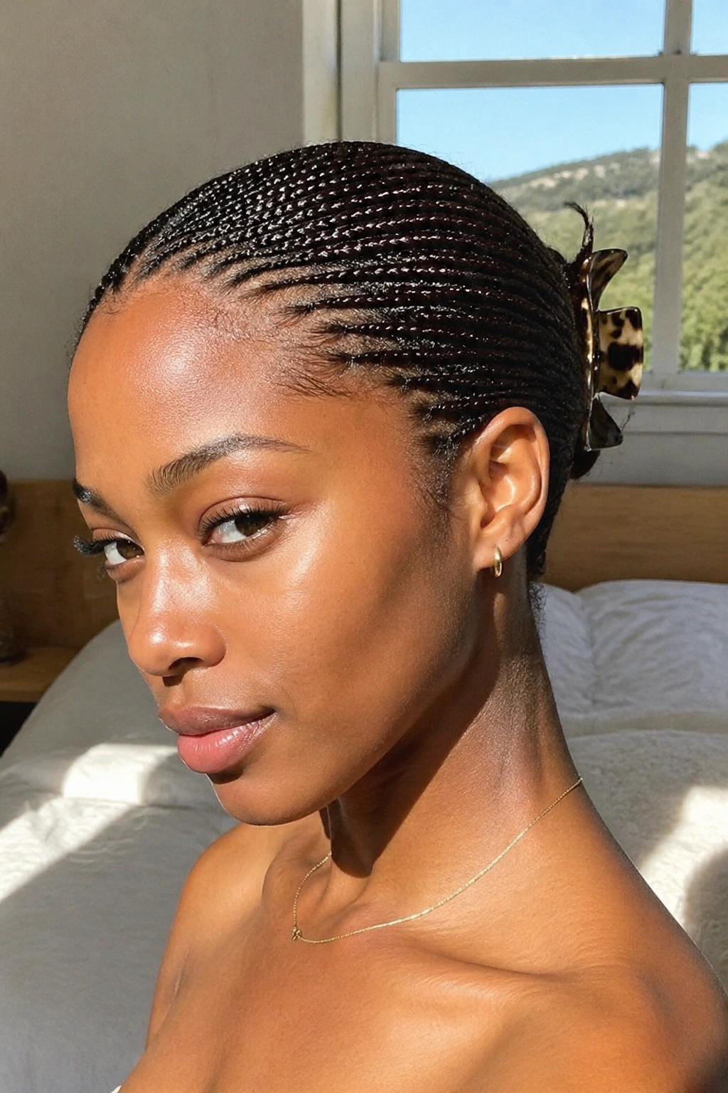 Close-up of a real woman with tiny braids slicked back and a small claw clip at the back.