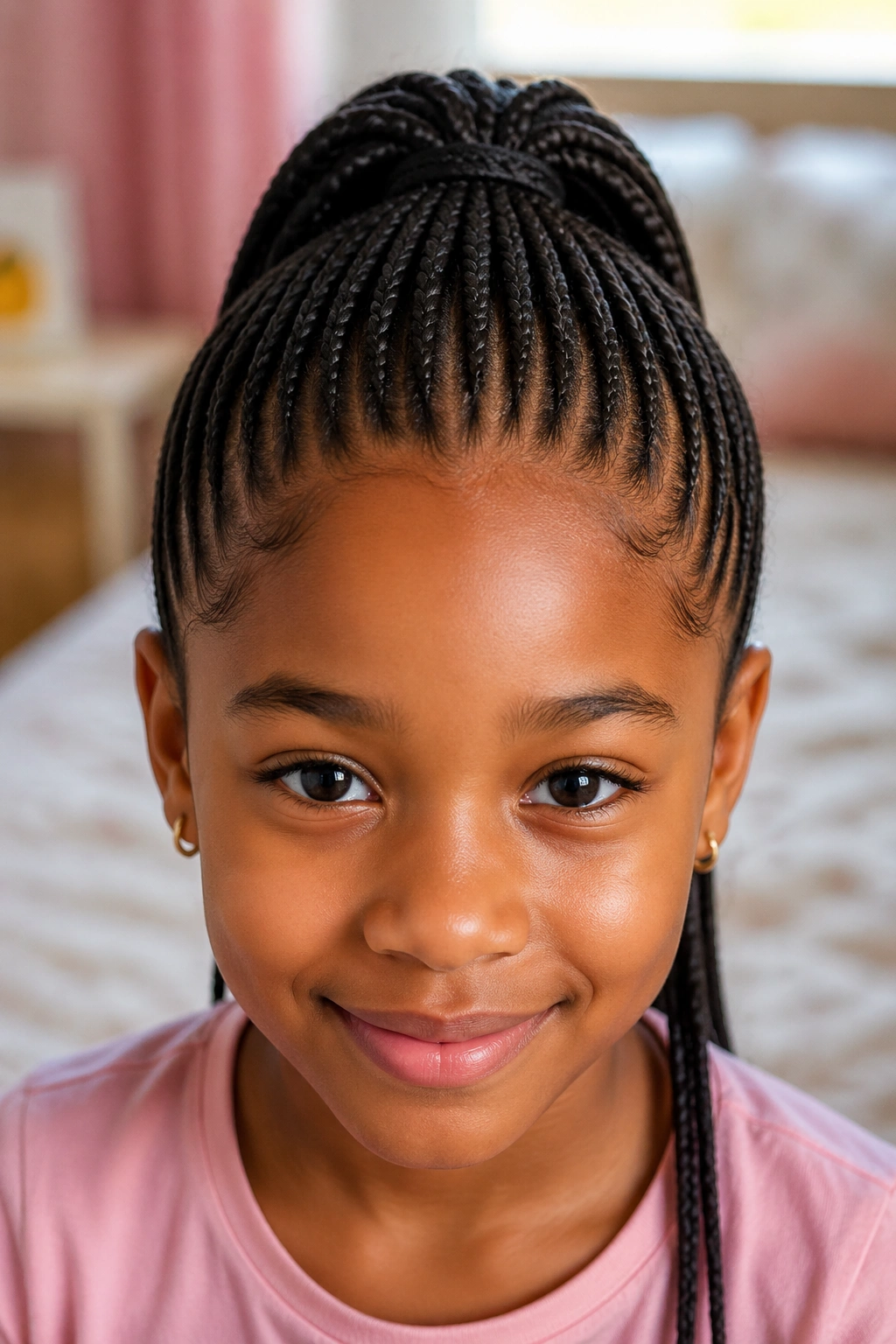 Close-up of a real girl with straight-back mini braids pulled into a neat ponytail.