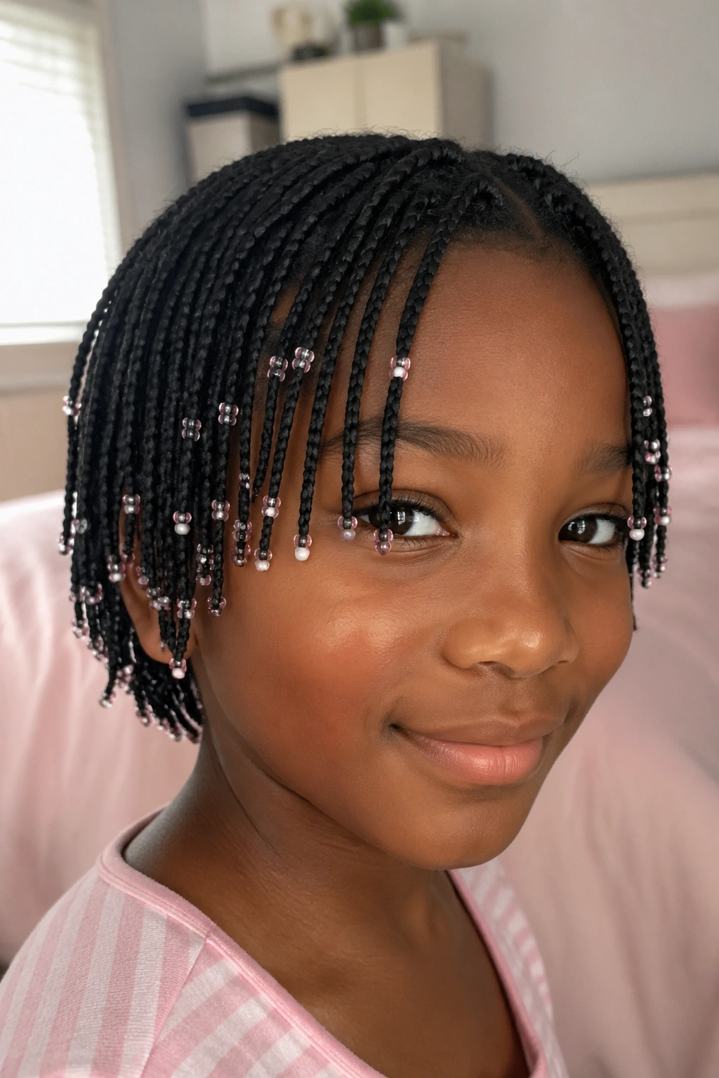 Close-up portrait of a child with micro beaded braids in short hair.