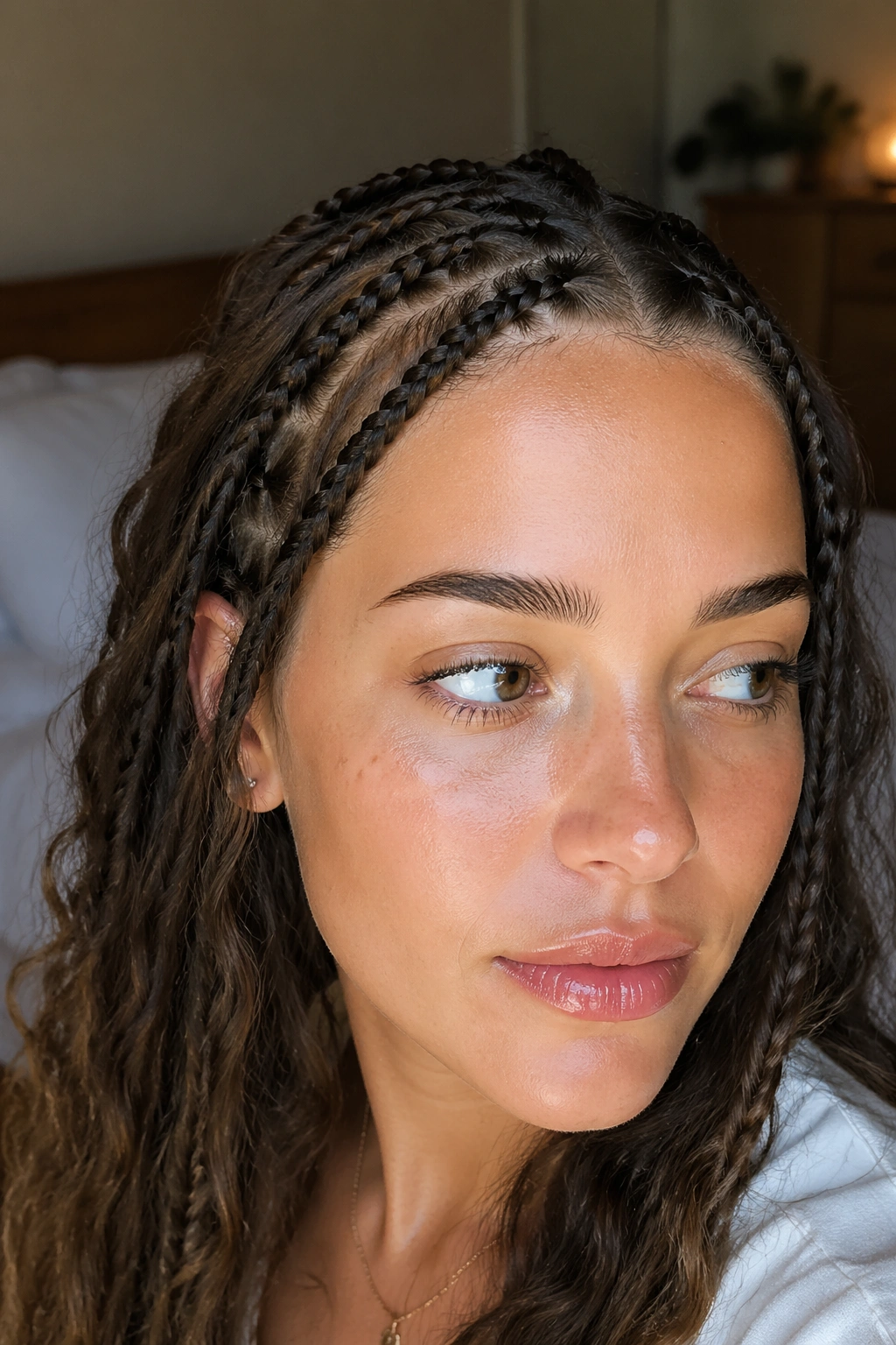 Close-up head with many tiny braids across the scalp creating textured waves.