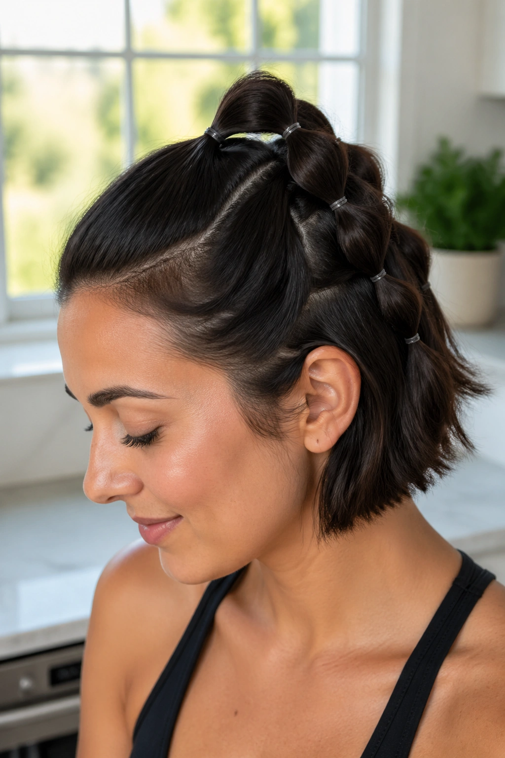Close-up of a real woman with a short bubble braid on short hair
