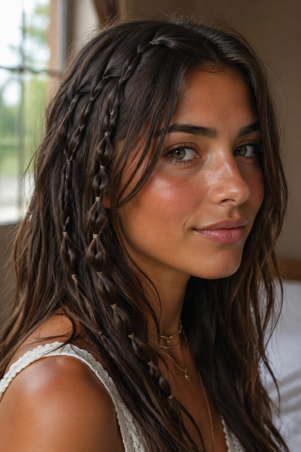 Close-up of a real woman with tiny bubble braids tucked into loose hair at the temple in a sunlit bedroom