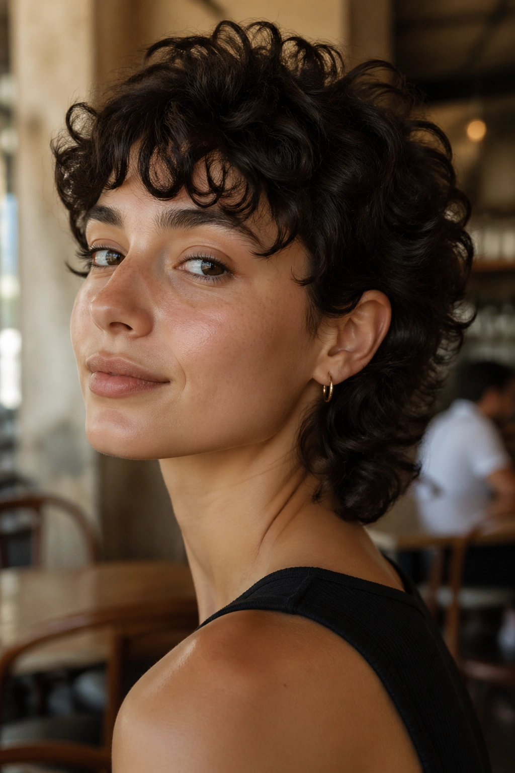 Close-up portrait of a real person with a mini curly mullet showing crown volume and short fringe