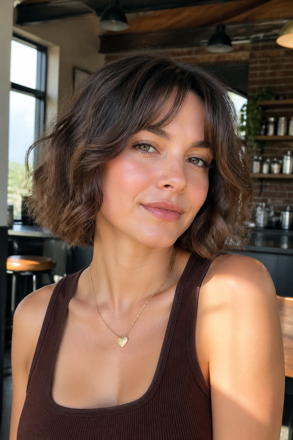 Portrait of a real woman with mini curtain bangs and a wavy bob