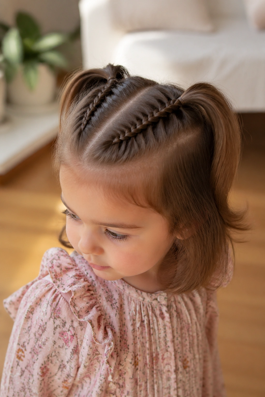 Close-up of toddler with two mini Dutch braids into half-up pigtails