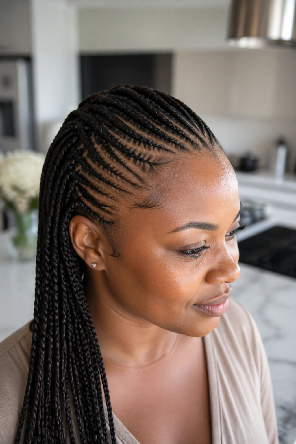 Real person with multiple slim feed-in braids angled toward the crown
