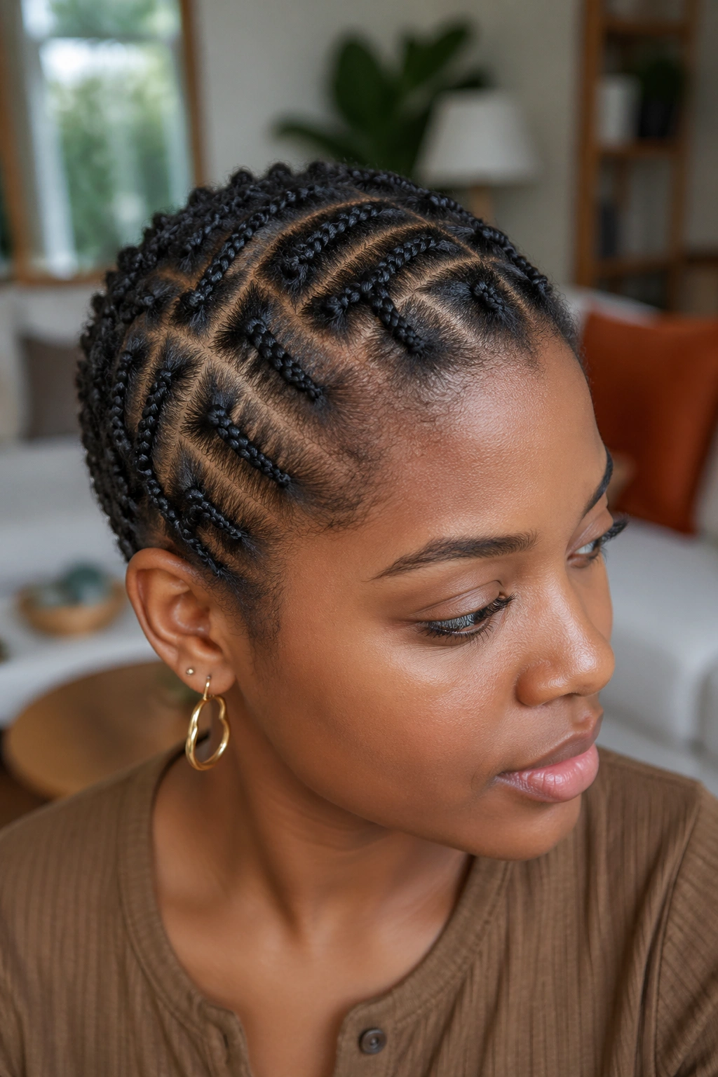 Close-up portrait of a real woman with irregular tiny feed-in braids on short hair in a cozy living room