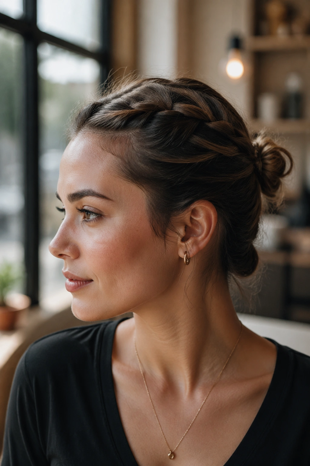 Close-up of a real woman with a mini French braid bun for short hair