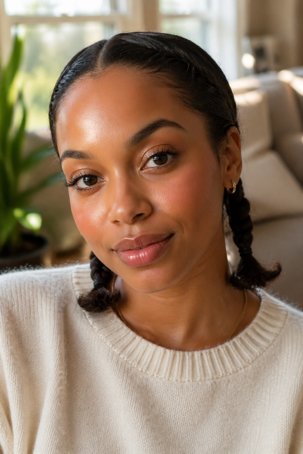 Real woman with mini pigtail braids behind the ears on short hair