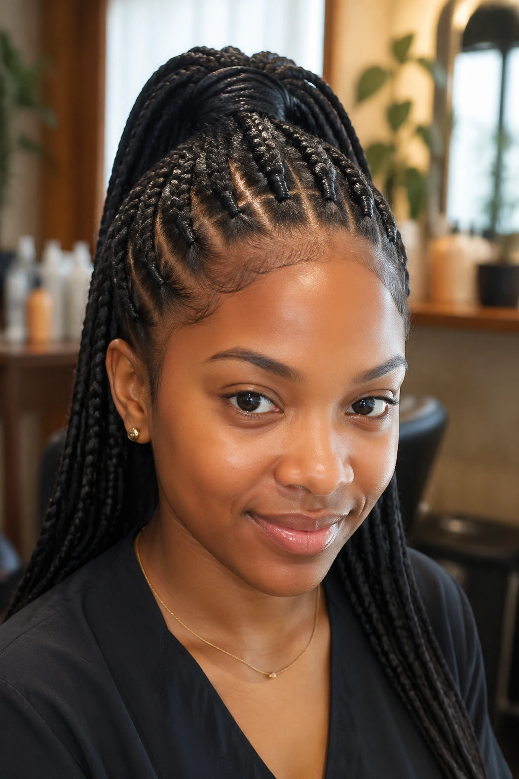 Close-up of a real woman with mini ponytail cluster braids at the crown forming a single ponytail