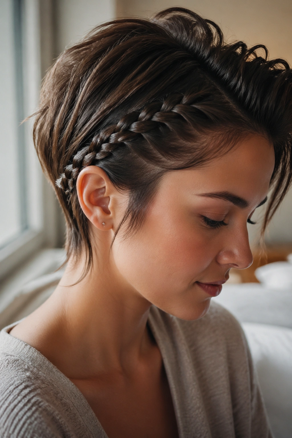 Close-up of a real person with short layered hair styled with two mini rope braids at the temples