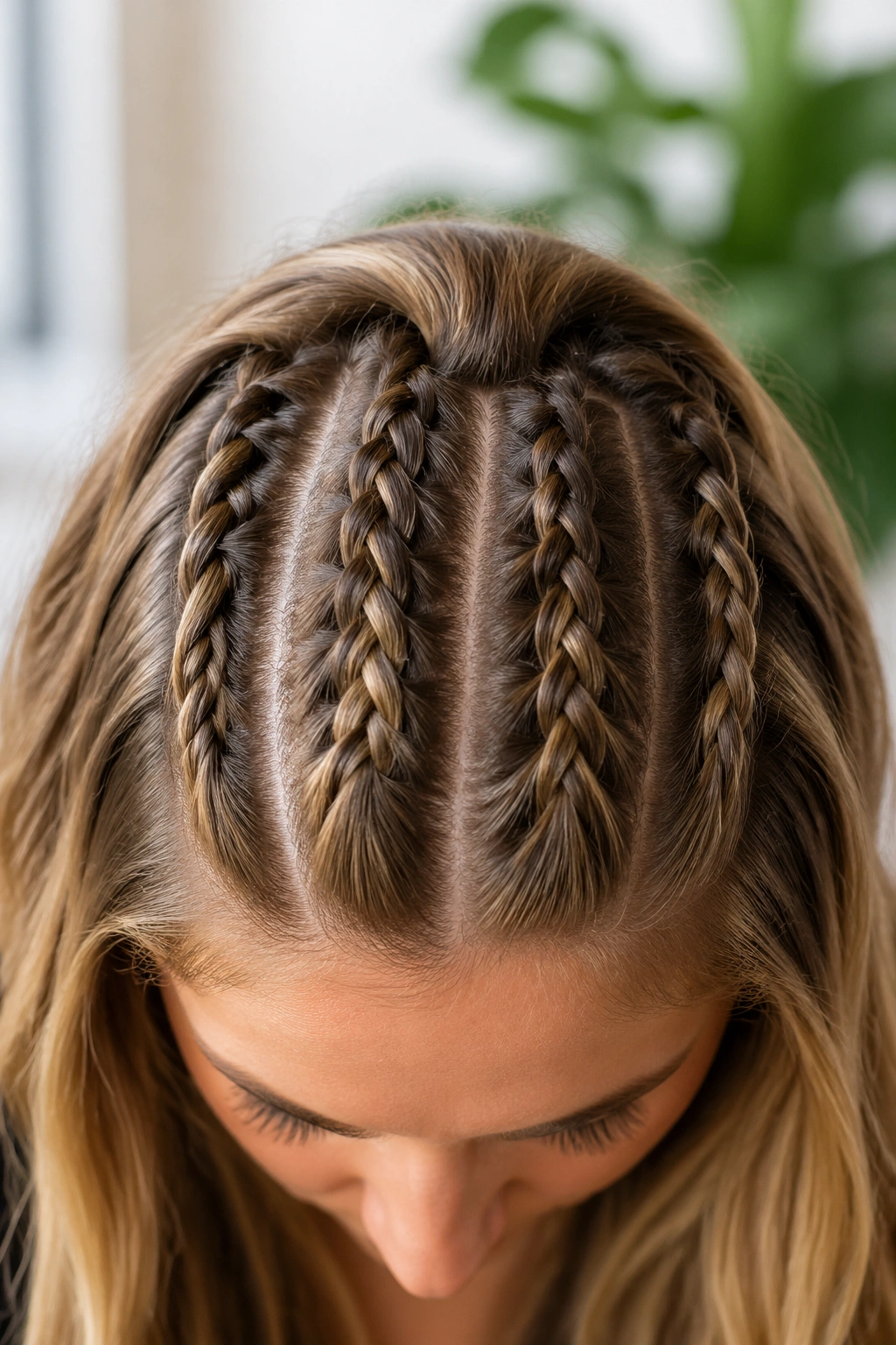 Top view of four mini rope braids on real person's head