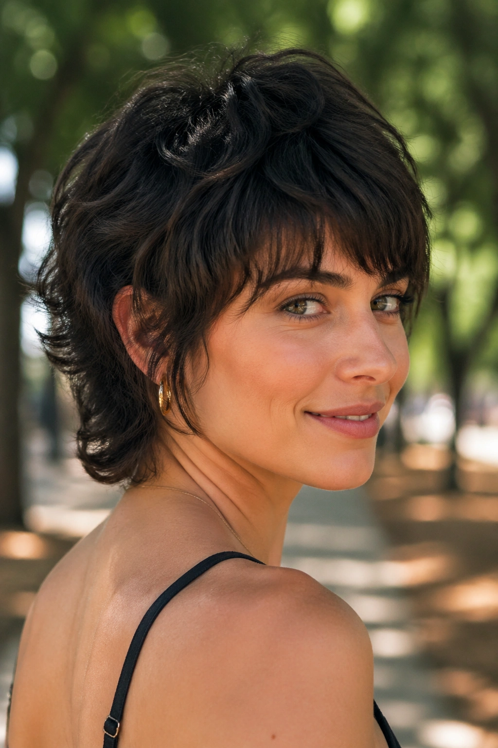 Close-up portrait of a real person with a mini shag on thick wavy hair, showing layered crown and texture