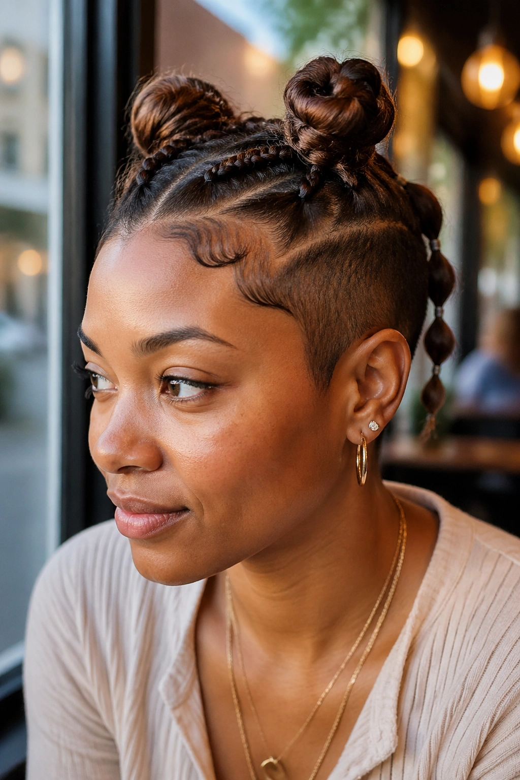 Close-up of a real woman with mini space bun bubble braids on a pixie cut.