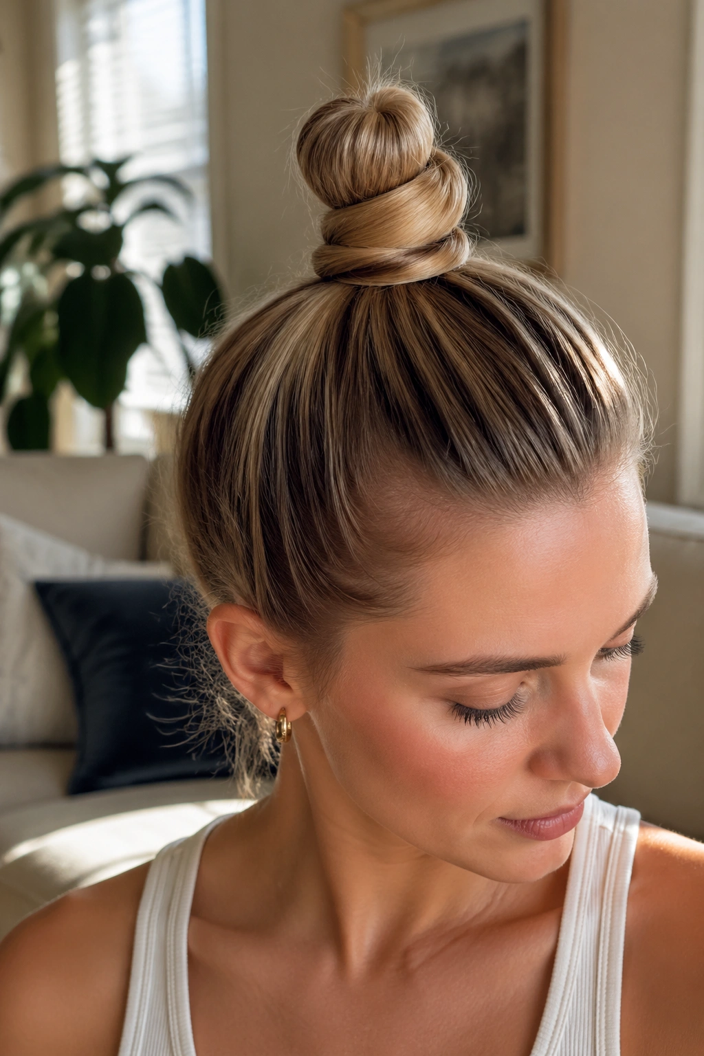 Close-up of a woman with a wrapped-base mini top knot in sunlit room.