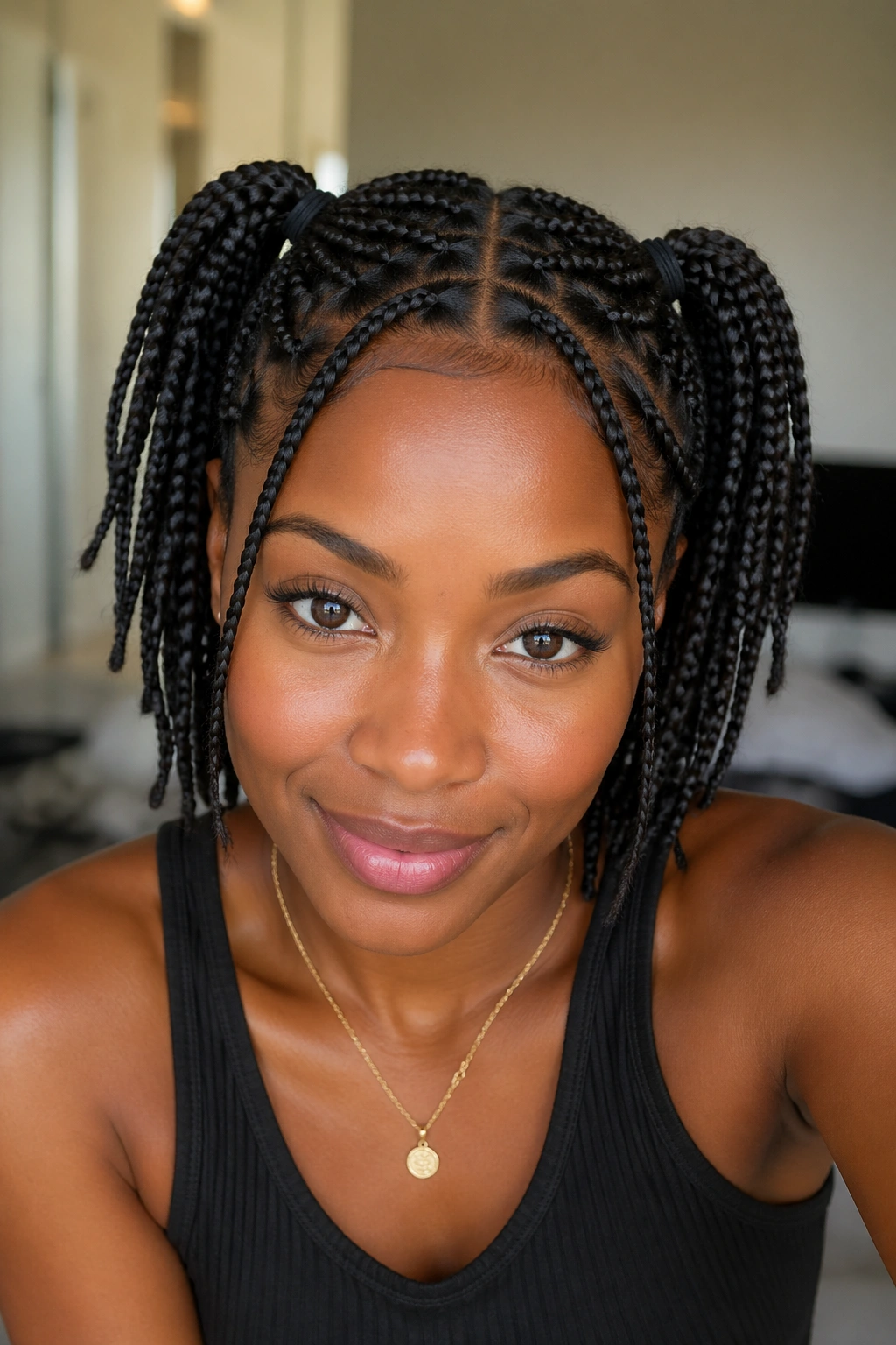 Real person with two miniature ponytails formed from short braids, centered in frame.