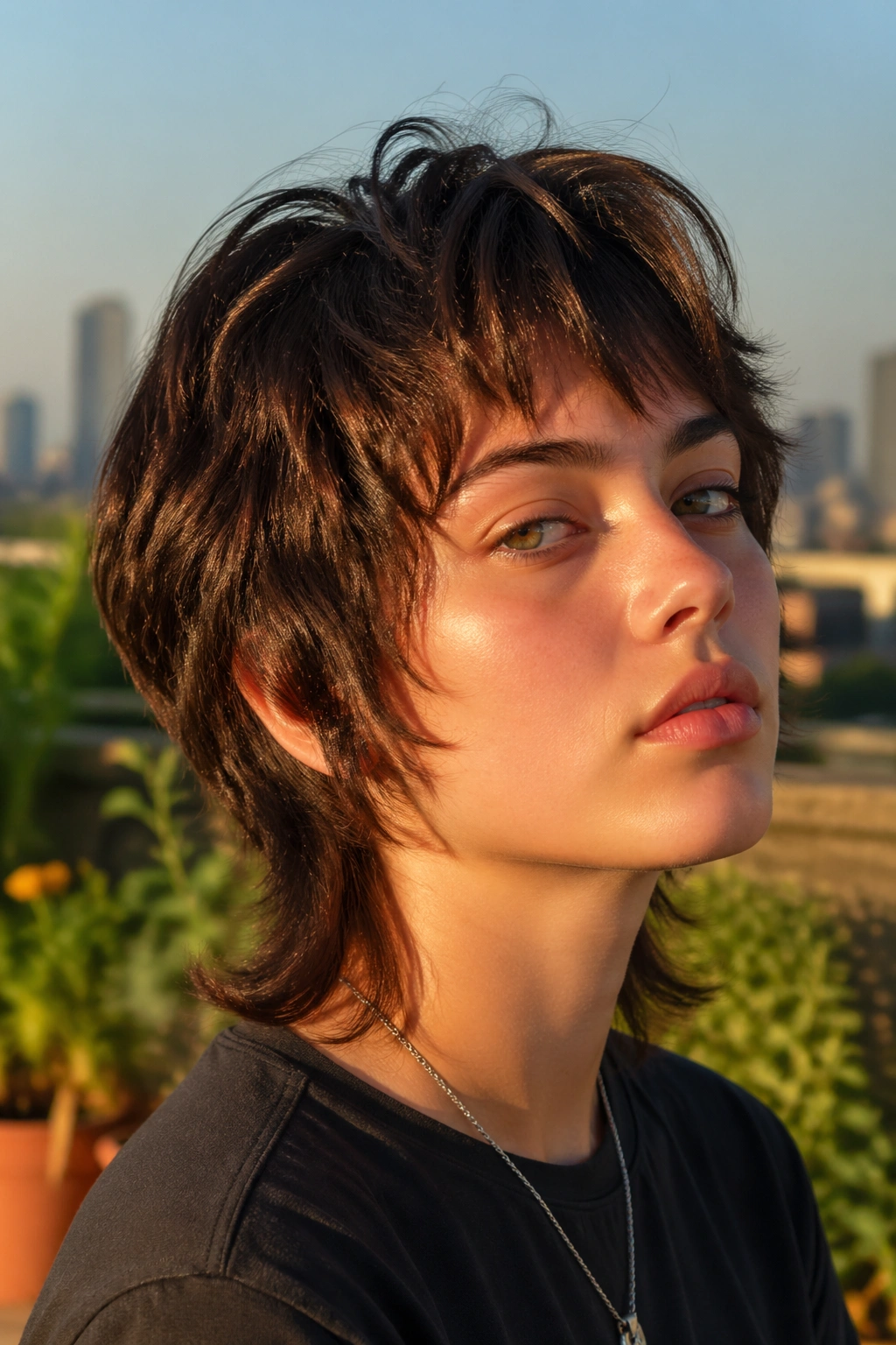 Close-up of real person with mini wolf cut hairstyle on rooftop garden