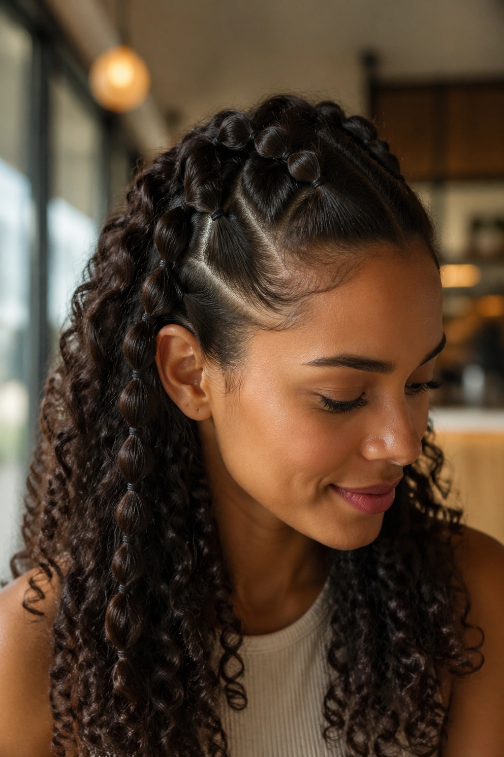 Close-up of a real woman with minimalist elastic bubble braids in a cafe setting
