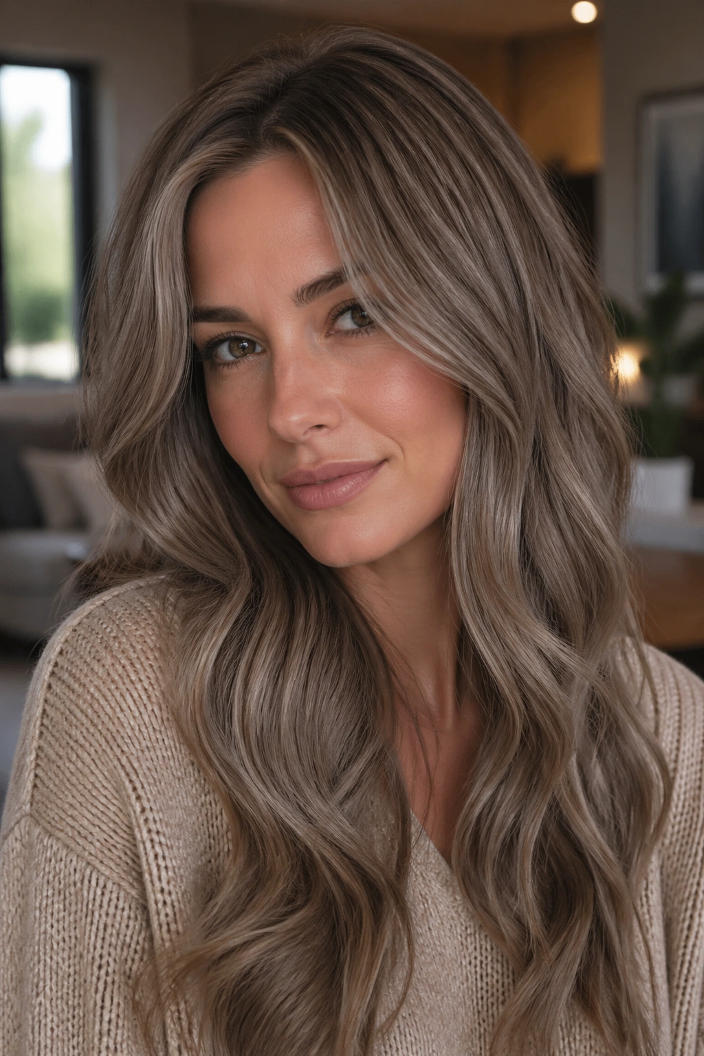 Close-up portrait of a real woman with mink blonde hair in soft daylight