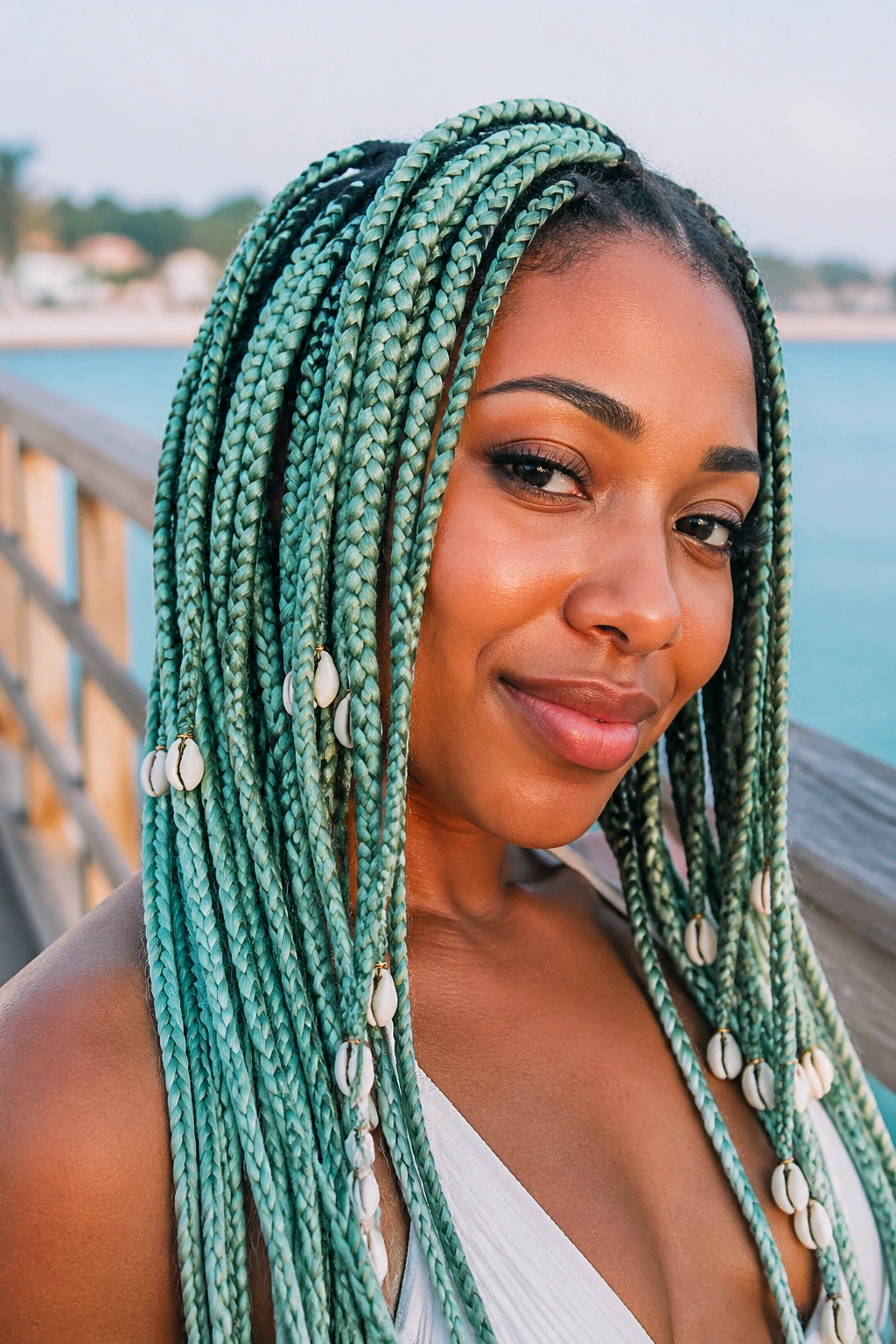 Mint green box braids with shell beads on a real person near the seaside boardwalk