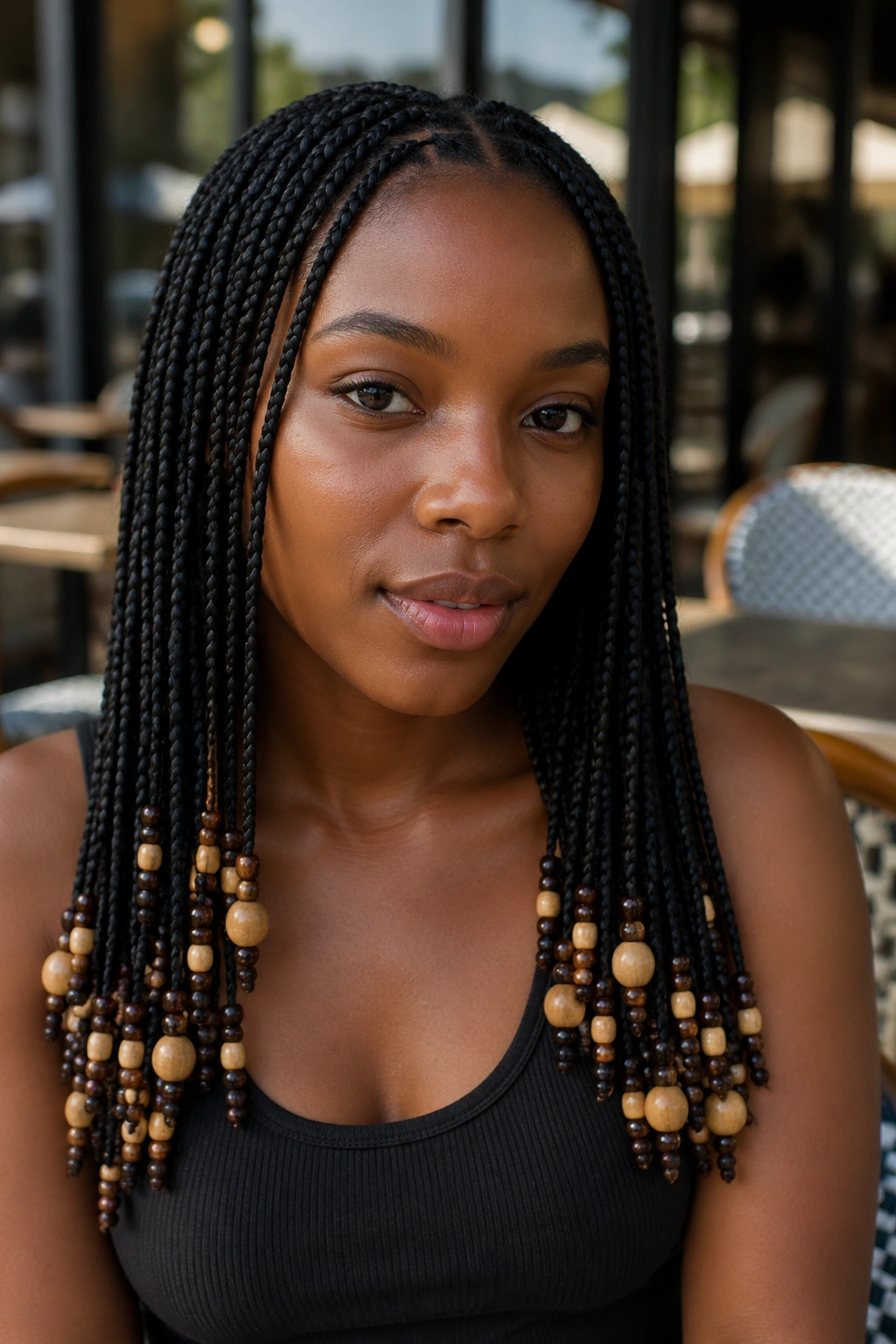 Small knotless braids with mixed bead sizes on real person in outdoor cafe